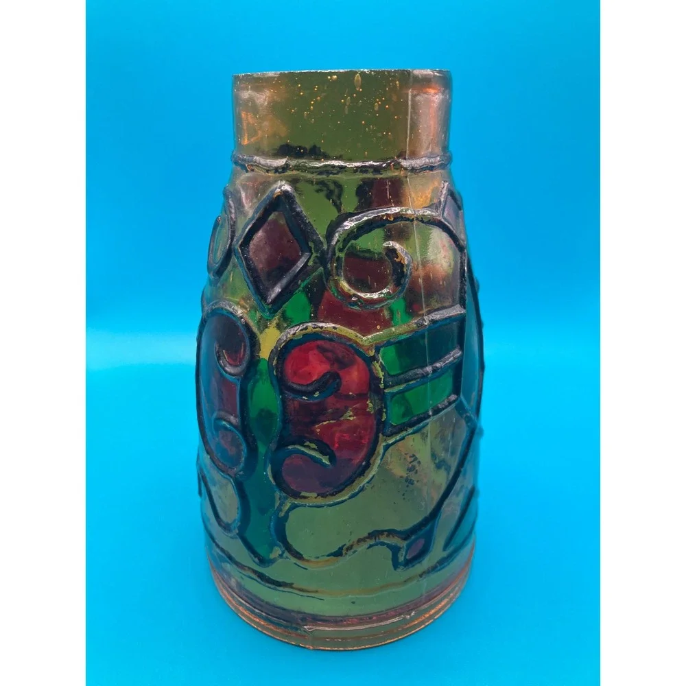 Oil Lamp Candle Chimney Small Green Red Stained Glass Style Relief
